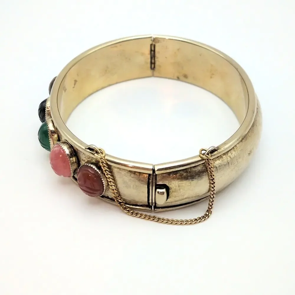 Vintage Gemstone Scarab Hinge Bangle Bracelet Gold Tone With Safety Chain